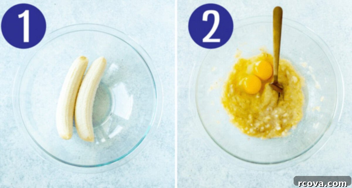 Wholesome 5-Ingredient Gluten-Free Banana Oat Pancakes 5 Two images side by side showing the initial steps of making banana oat pancakes: first, mashing ripe bananas in a bowl, and second, cracking eggs into the mashed bananas, preparing for mixing.
