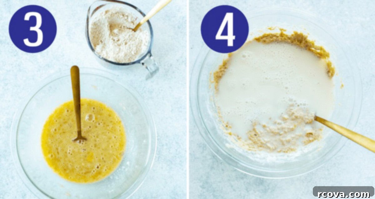 Wholesome 5-Ingredient Gluten-Free Banana Oat Pancakes 6 Two images side by side depicting the next stages of banana oat pancake preparation: first, blending oats into flour and mixing with baking powder in a separate bowl, and second, combining the dry oat mixture with the wet banana-egg mixture, forming the batter.