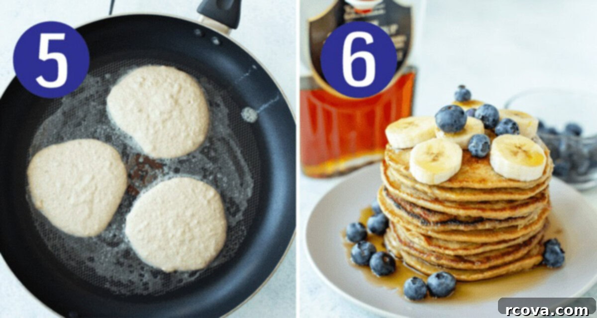 Wholesome 5-Ingredient Gluten-Free Banana Oat Pancakes 7 Two images illustrating the final steps of making banana oat pancakes: first, cooking multiple pancakes simultaneously on a greased hot skillet until golden, and second, a beautifully arranged stack of cooked banana oat pancakes on a plate, garnished with fresh fruit and maple syrup, ready to be enjoyed.