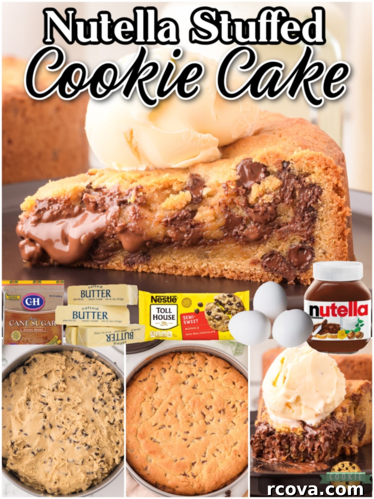 Heavenly Nutella Cookie Cake 7 Nutella Cookie Cake is a classic stuffed cookie made with Nutella & baked into a cake that's perfect for any celebration! This stuffed cookie pie is rich, buttery & bursting with lovely Nutella flavor!