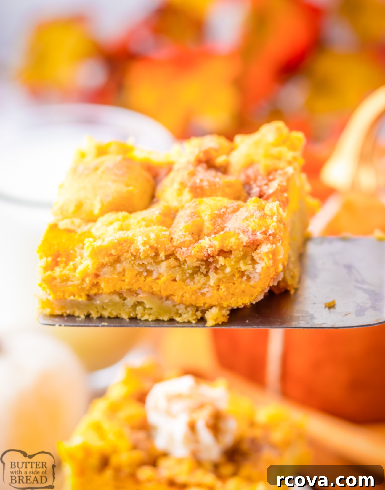Spiced Pumpkin Cheesecake Snickerdoodle Bars 4 serving up a pumpkin snickerdoodle bar