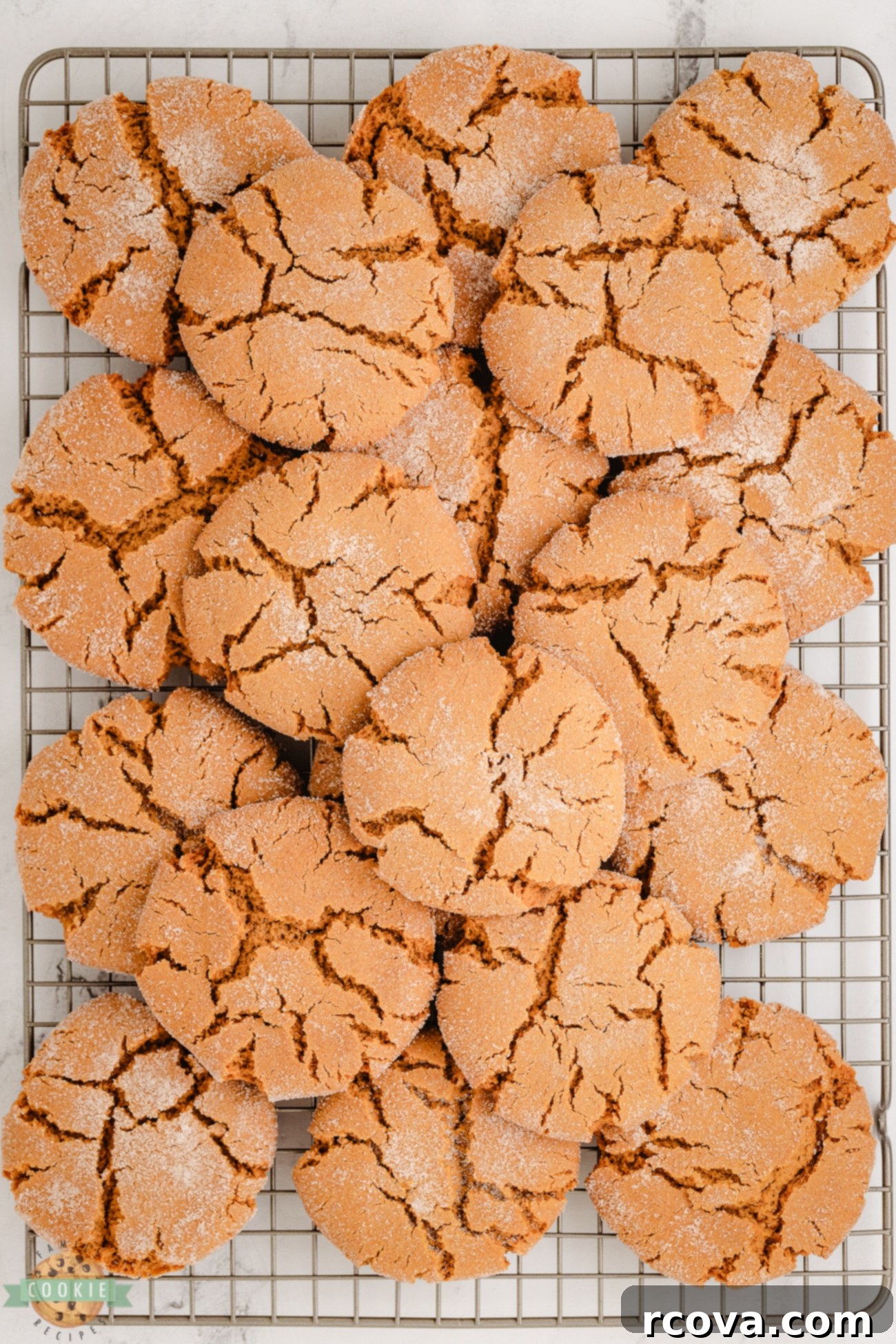 Disney Inspired Molasses Crinkle Cookies 5 A pile of freshly baked Molasses Crackle Cookies cooling on a wire rack
