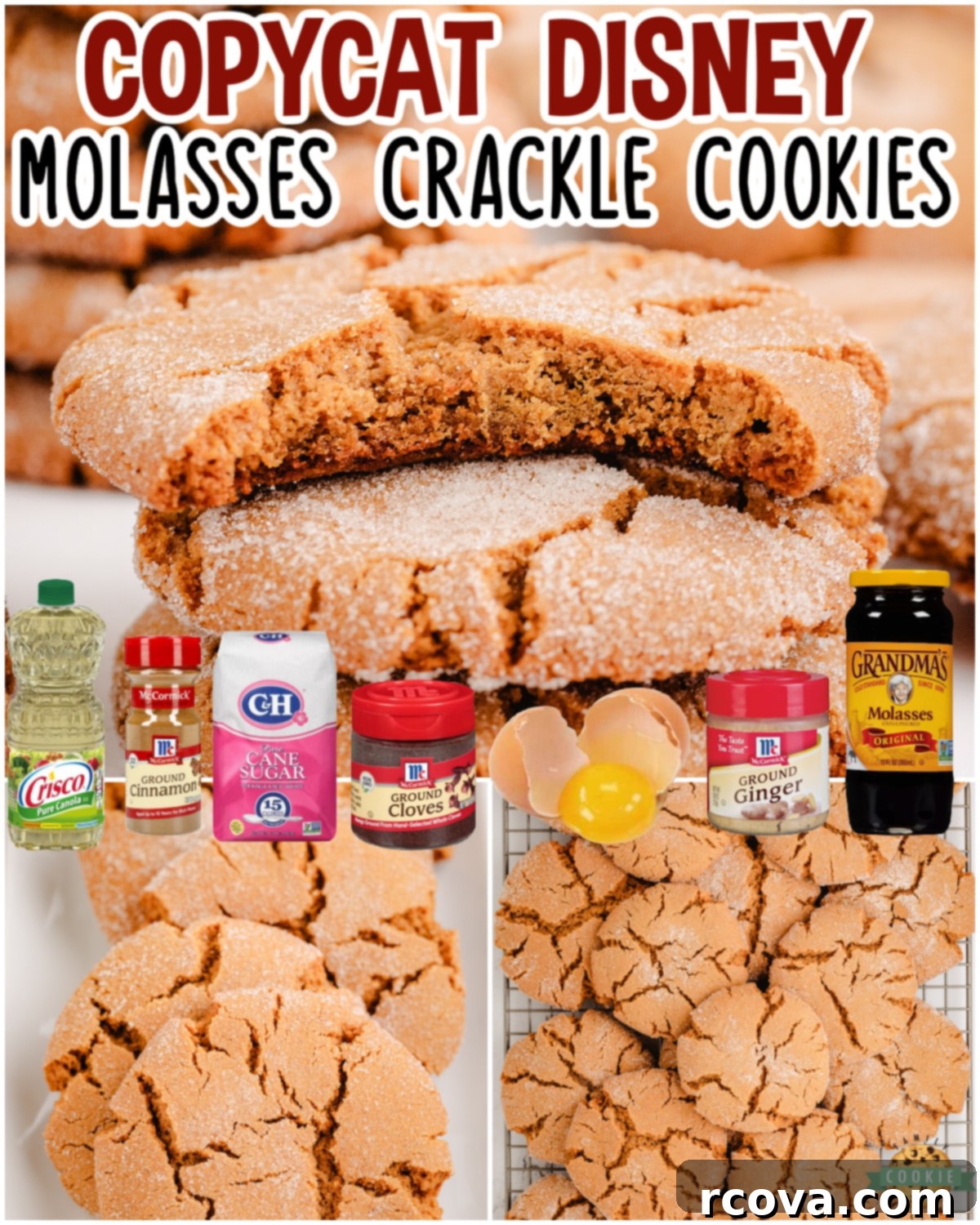 Disney Inspired Molasses Crinkle Cookies 7 Molasses Crackle Cookies just like the ones at Disney's Wilderness Resort! Chewy cookies with delightful molasses ginger flavor that are perfect for the holiday season! A visually appealing collage of multiple cookie images.