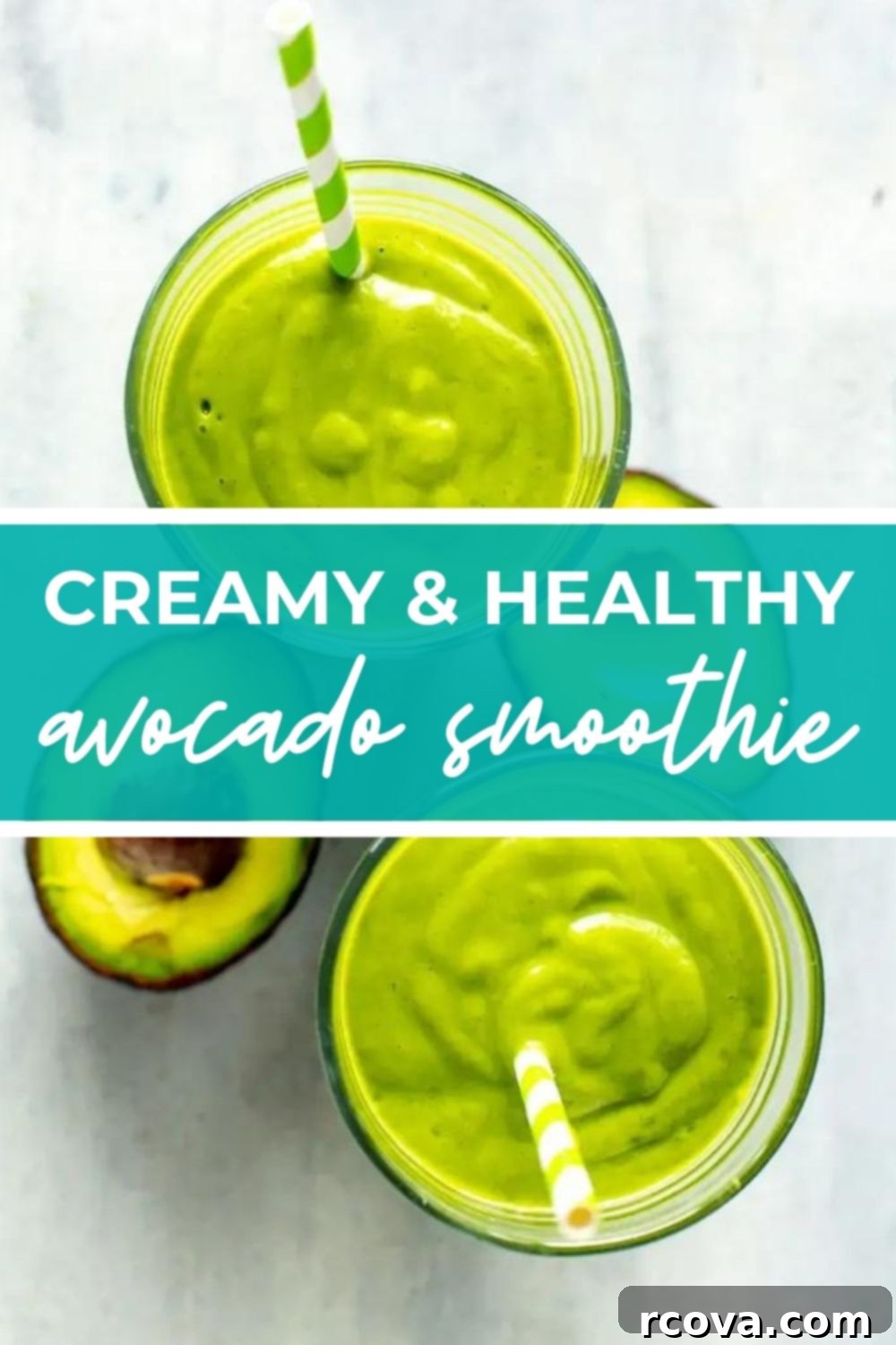 Velvet Avocado Dream 11 Two glasses of avocado smoothie, with text that says 'Creamy & Healthy Avocado Smoothie'