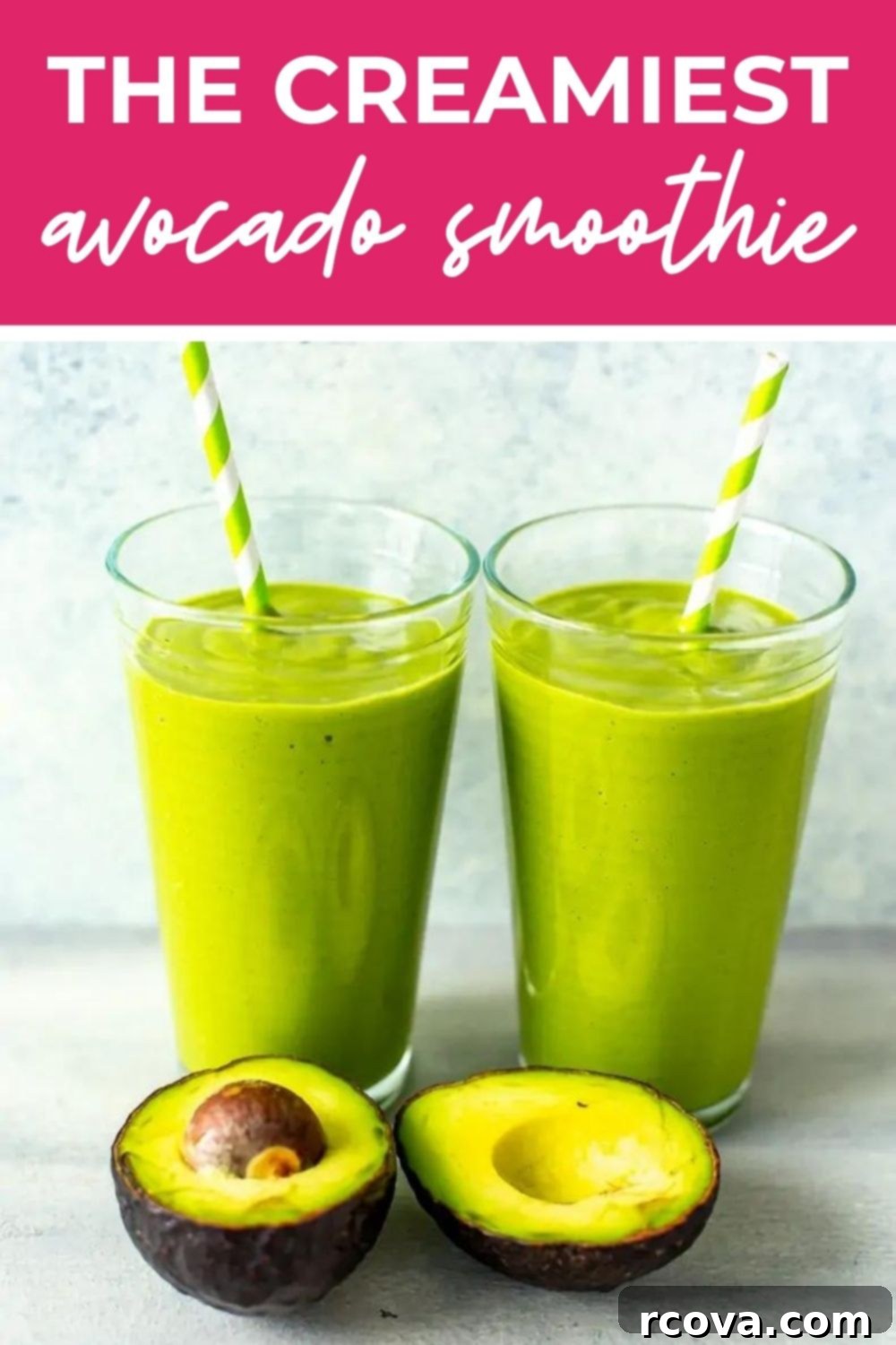 Velvet Avocado Dream 12 Two glasses of avocado smoothie, with text that says 'The Creamiest Avocado Smoothie'