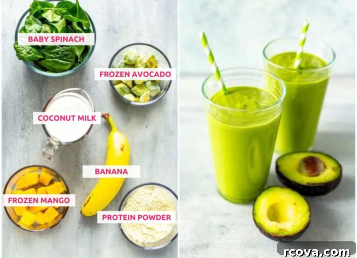 Velvet Avocado Dream 4 Ingredients for making an avocado smoothie: spinach, avocado, coconut milk, banana, mango and protein powder.