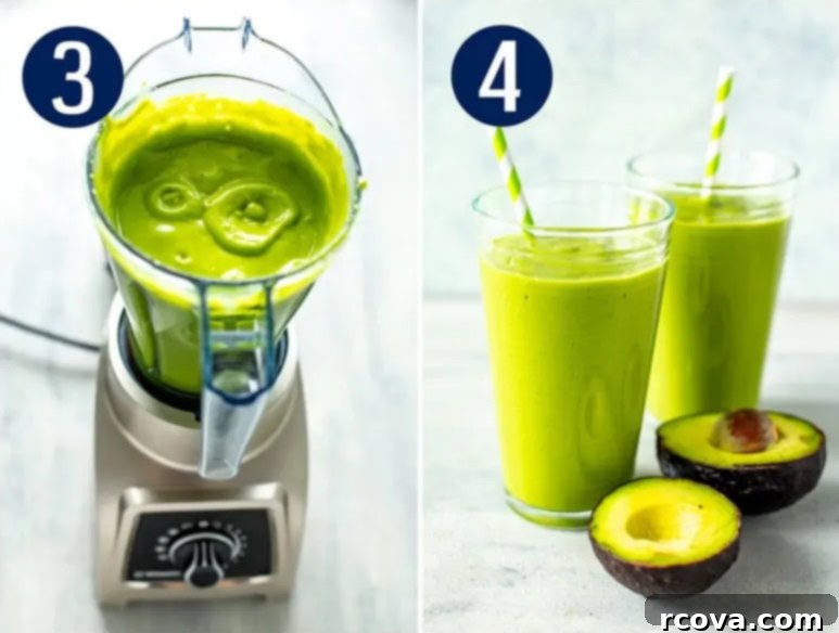 Velvet Avocado Dream 6 Steps 3 and 4 for making an avocado smoothie.