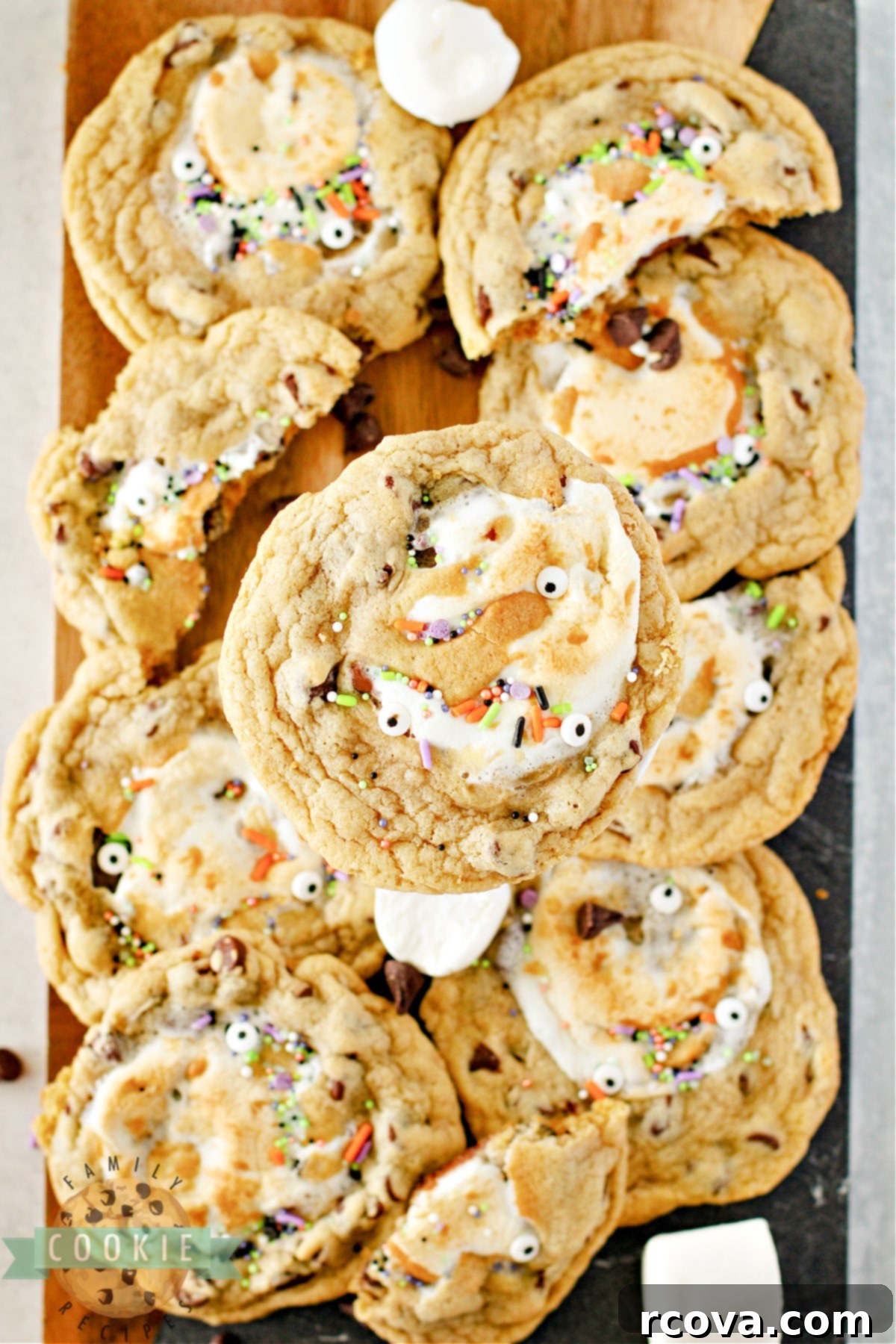 GIANT SMORES STUFFED COOKIES 2 Monster Stuffed S'mores Cookies are chocolate chip cookies stuffed with Hershey bars and marshmallows. Add some monster eyes and festive sprinkles to make perfect Halloween cookies!
