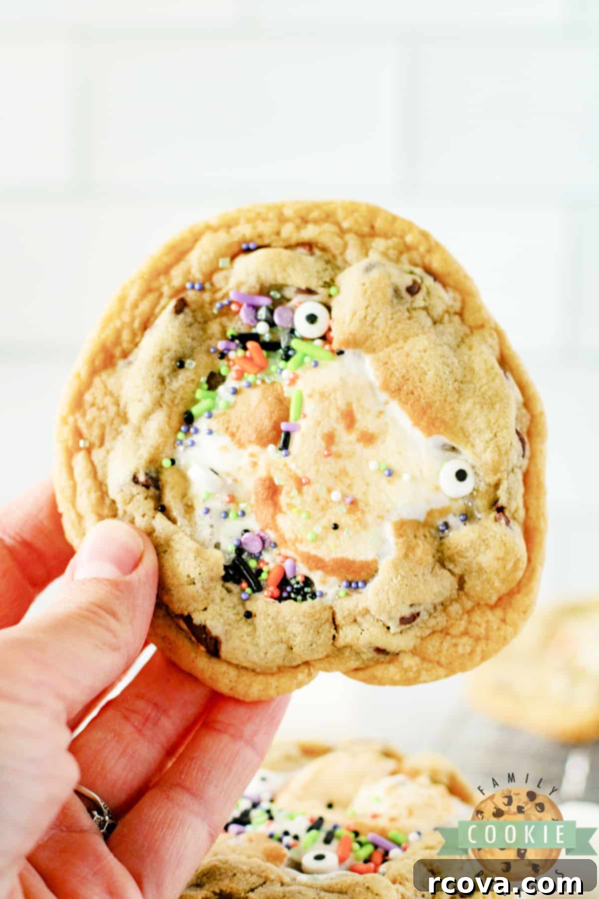 GIANT SMORES STUFFED COOKIES 15 Monster Stuffed S'mores Cookies are chocolate chip cookies stuffed with Hershey bars and marshmallows. Add some monster eyes and festive sprinkles to make perfect Halloween cookies!