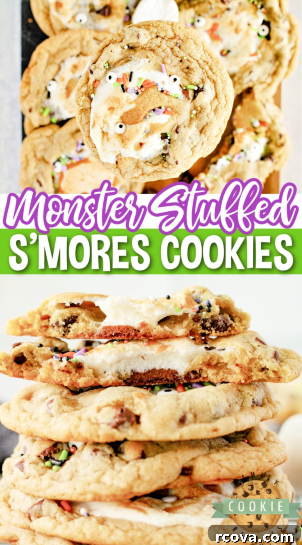 GIANT SMORES STUFFED COOKIES 16 Monster Stuffed S'mores Cookies are chocolate chip cookies stuffed with Hershey bars and marshmallows. Add some monster eyes and festive sprinkles to make perfect Halloween cookies!