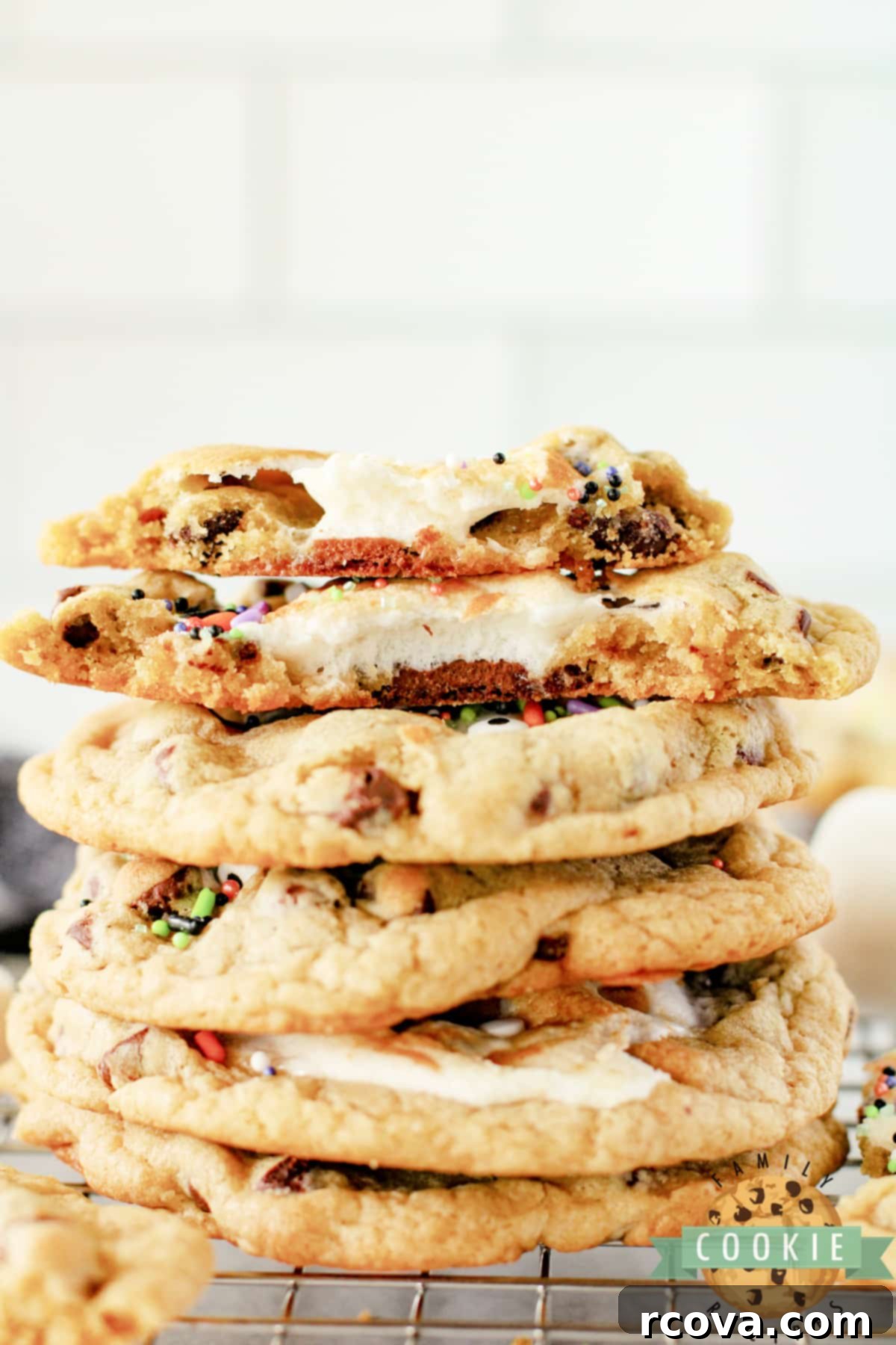 GIANT SMORES STUFFED COOKIES 4 Stack of chocolate chip cookies stuffed with Hershey bars and marshmallows.