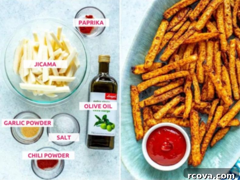 Healthy Crispy Air Fryer Jicama Fries 4 Close-up of fresh jicama, olive oil, and a selection of spices including paprika, chili powder, garlic powder, and salt, laid out on a wooden board. These are the key ingredients for making low-carb jicama fries.