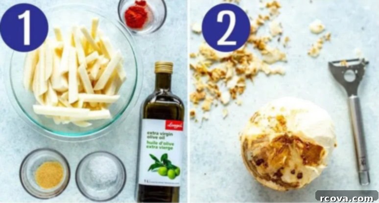 Healthy Crispy Air Fryer Jicama Fries 5 Step-by-step photos showing peeled jicama and jicama being cut into fry shapes.
