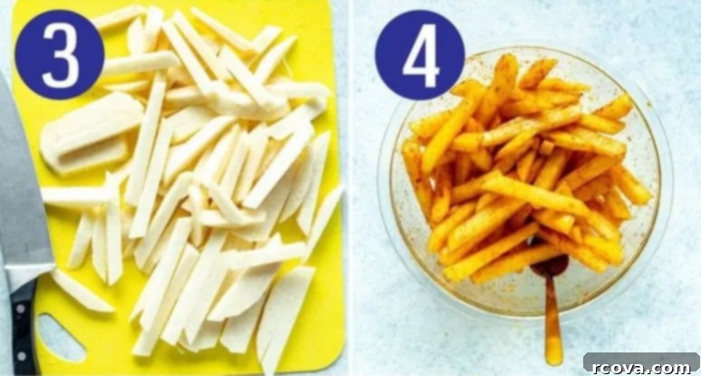 Healthy Crispy Air Fryer Jicama Fries 6 Step-by-step photos showing jicama fries in a bowl after microwaving and being tossed with spices.