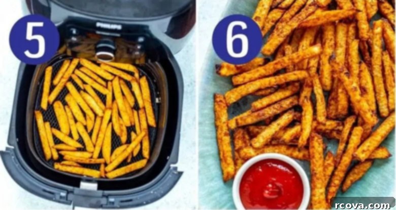 Healthy Crispy Air Fryer Jicama Fries 7 Step-by-step photos showing jicama fries arranged in an air fryer basket and golden brown, crispy jicama fries on a plate.