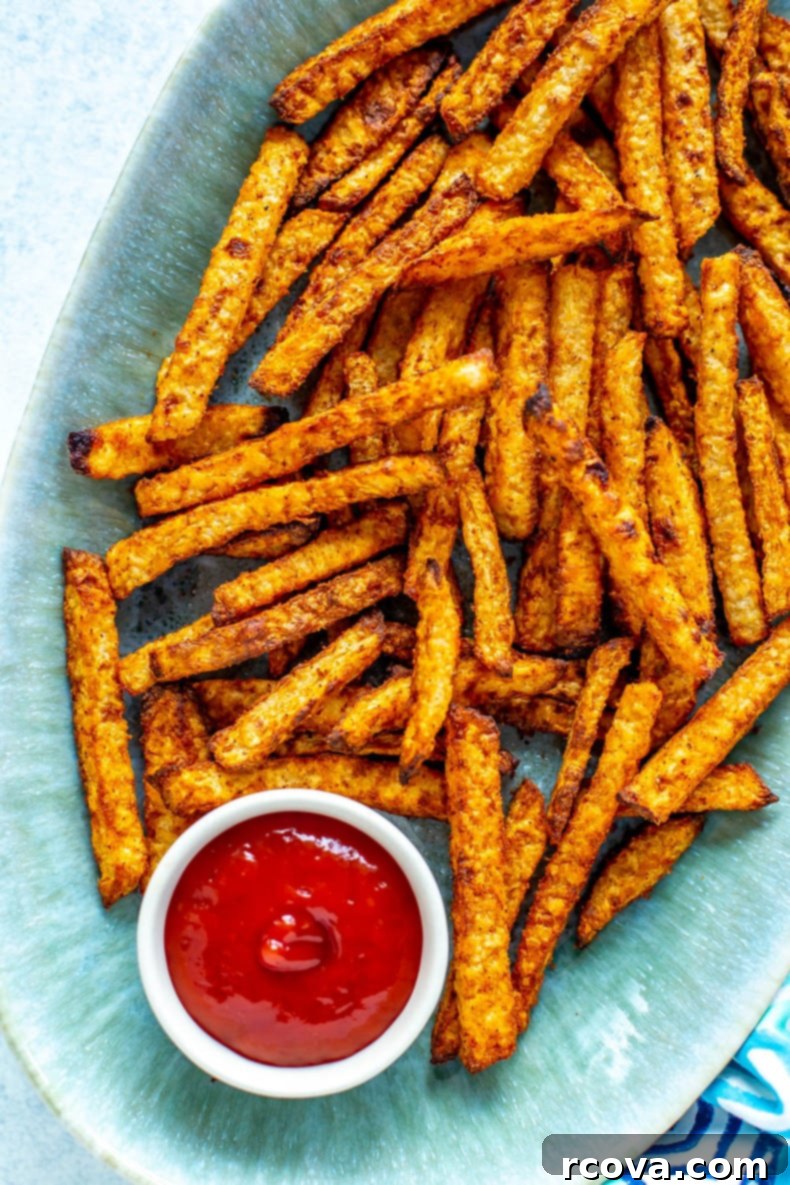 Healthy Crispy Air Fryer Jicama Fries 8 A close-up shot of a small bowl filled with crispy, golden brown low-carb jicama fries, seasoned with spices. The fries are perfectly textured, highlighting their crunchy exterior and inviting appearance.