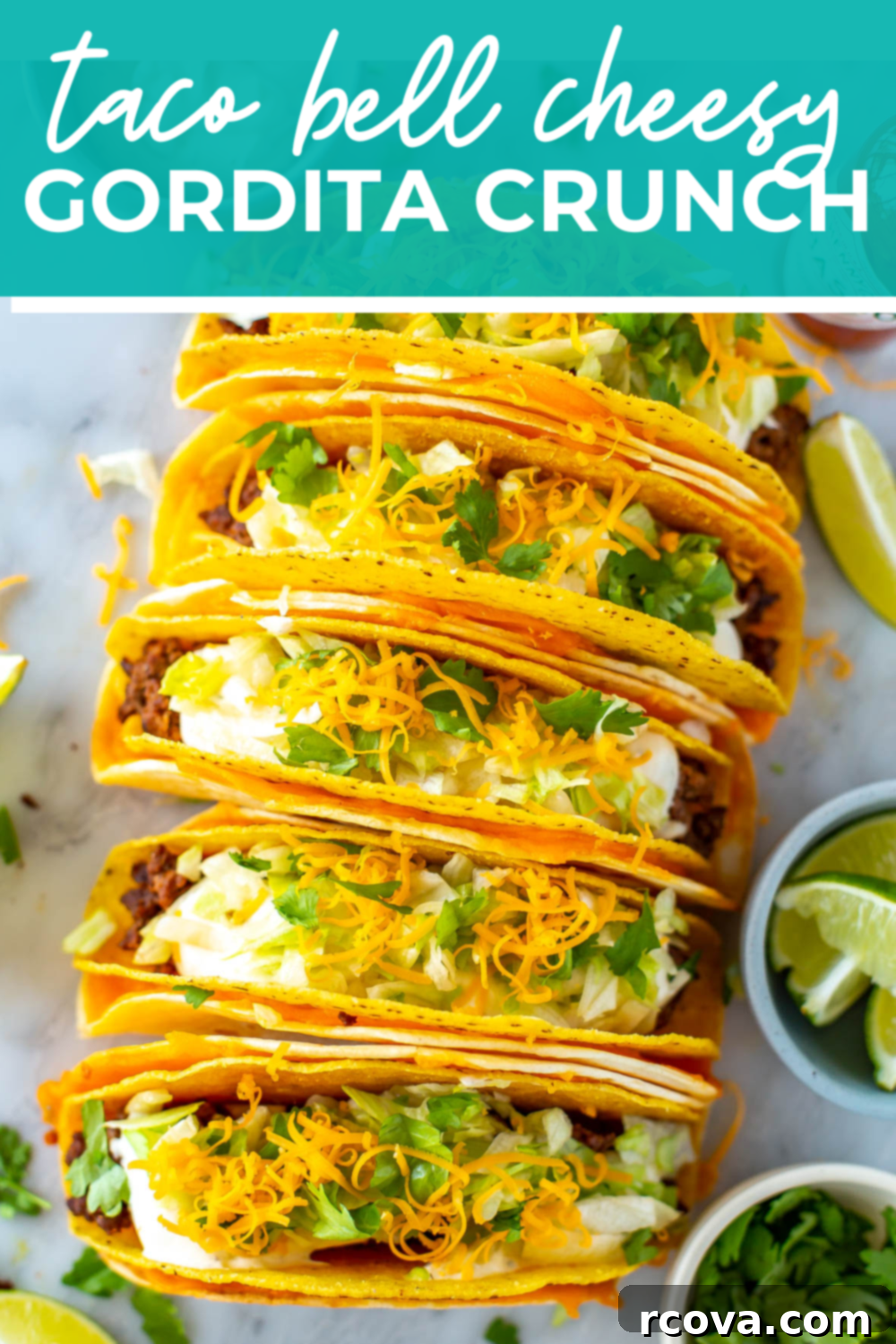 Copycat Cheesy Gordita Crunch Perfection 13 Overhead shot of plated dish with green banner on the top - reading "taco bell cheesy gordita crunch"