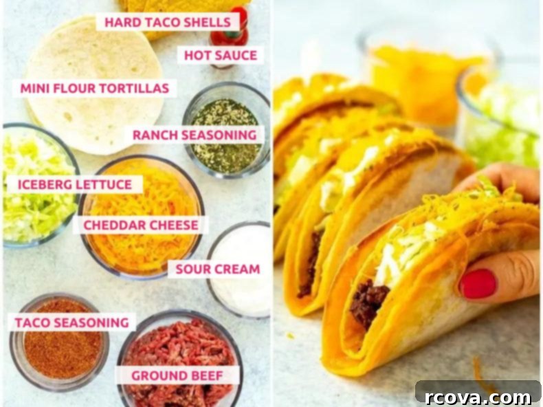 Copycat Cheesy Gordita Crunch Perfection 4 A vibrant flat lay of all the essential ingredients for cheesy gordita crunch: hard taco shells, a bottle of hot sauce, mini flour tortillas, ranch seasoning, fresh iceberg lettuce, a block of cheddar cheese, creamy sour cream, taco seasoning, and lean ground beef.