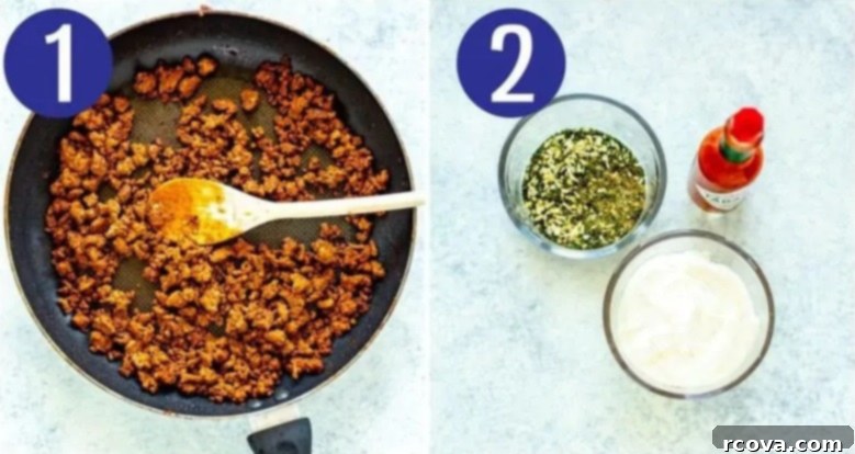 Copycat Cheesy Gordita Crunch Perfection 5 Two images side by side showing the first two steps for making cheesy gordita crunch: browning ground beef in a skillet and mixing ingredients for the sauce in a bowl.