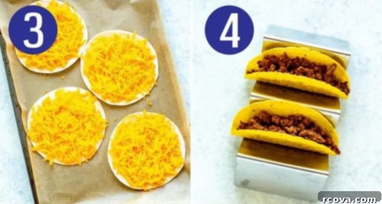 Copycat Cheesy Gordita Crunch Perfection 6 Two images side by side depicting steps 3 and 4 of making cheesy gordita crunch: melted cheese on tortillas and seasoned ground beef being added to hard taco shells.