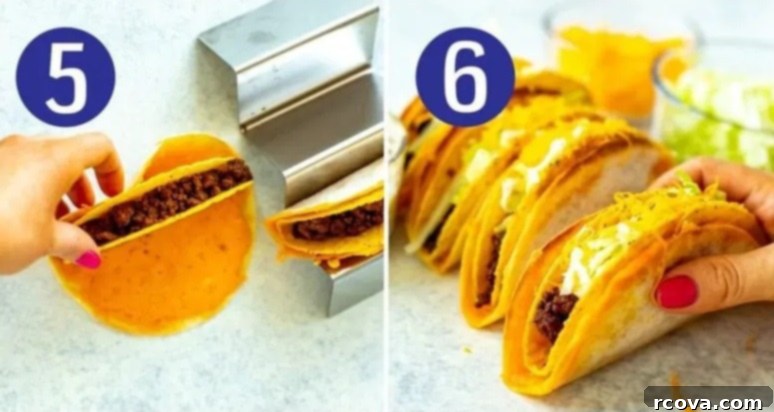 Copycat Cheesy Gordita Crunch Perfection 7 Two images illustrating steps 5 and 6 for making cheesy gordita crunch: a hard taco shell being wrapped in a soft tortilla with melted cheese, and a finished taco being garnished.