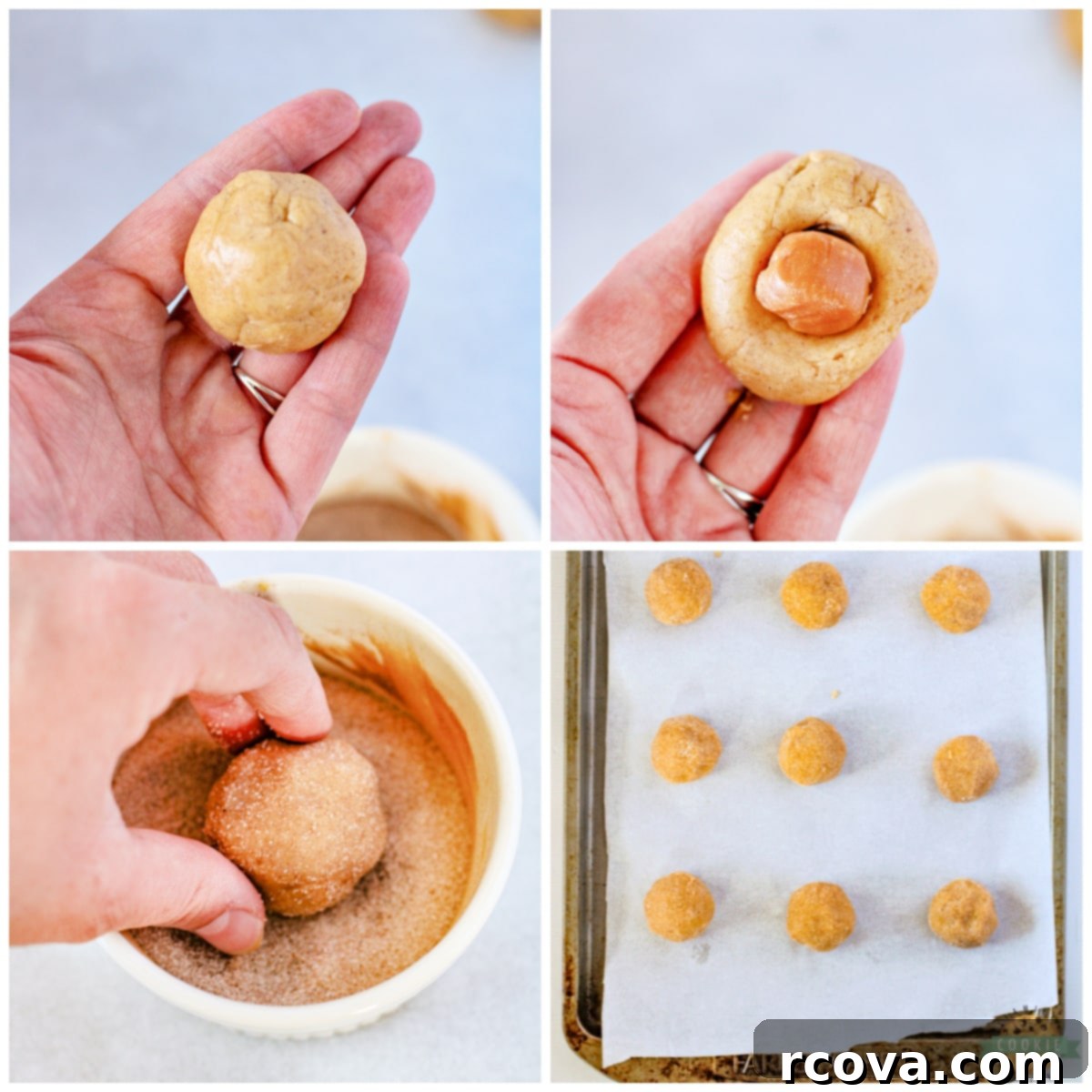 Molten Caramel Pumpkin Spice Snickerdoodles 9 Form snickerdoodles with a caramel in the center.