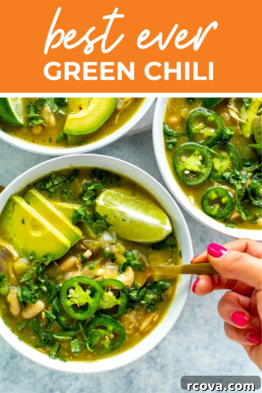 The Easiest Green Chili Ever 12 A bowl of vibrant green chili with a spoon, highlighting its hearty texture, with text