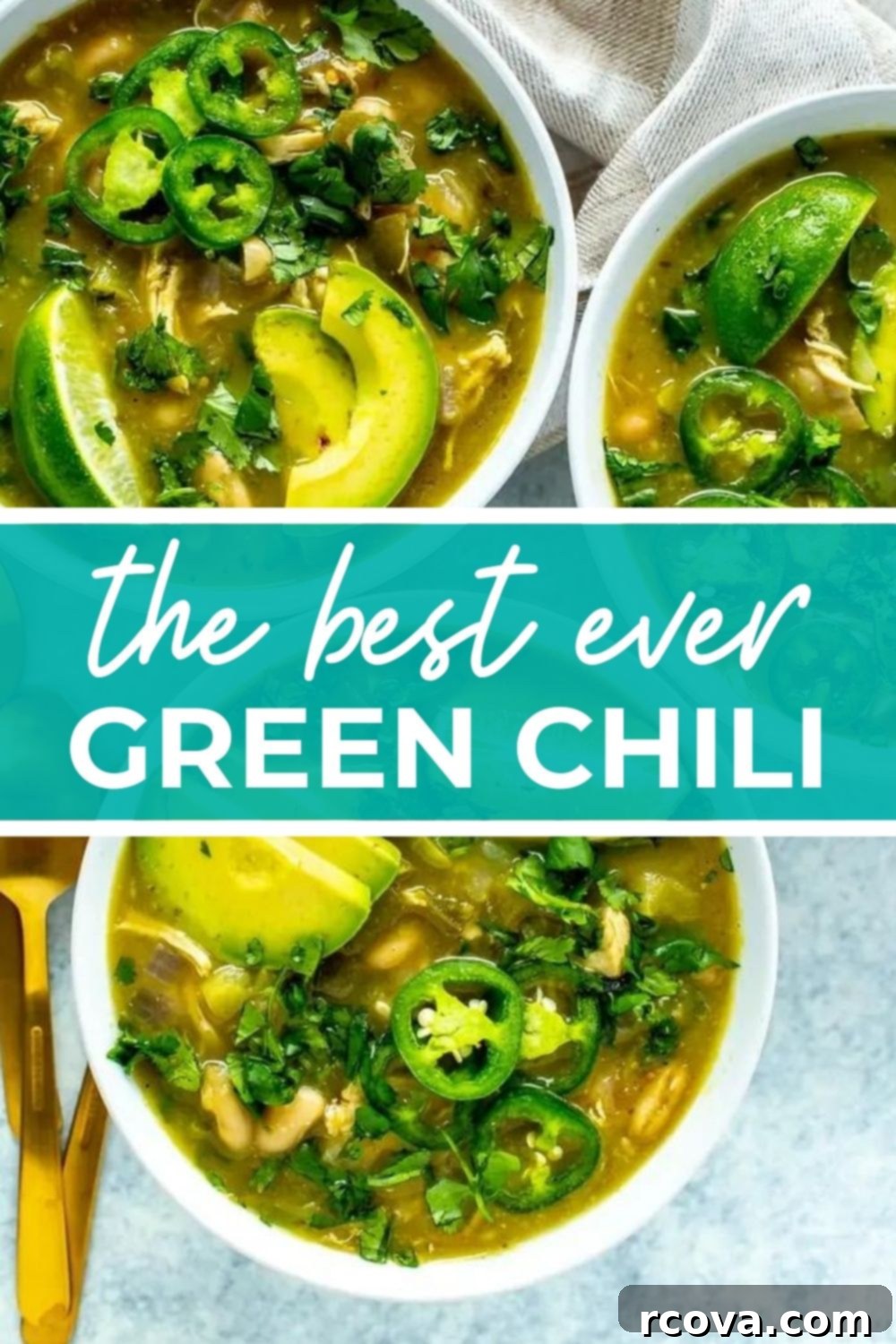 The Easiest Green Chili Ever 14 Three beautifully arranged bowls of green chili, showcasing different toppings, with the phrase 'The Best Ever Green Chili'.