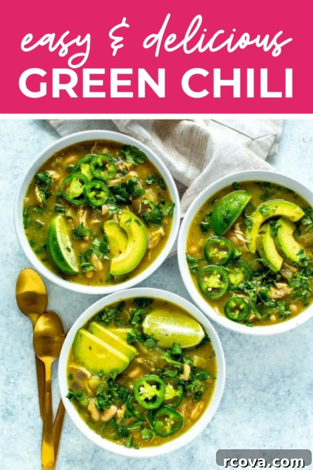 The Easiest Green Chili Ever 15 An inviting display of three bowls of green chili, emphasizing how 'Easy & Delicious Green Chili' it is to make.