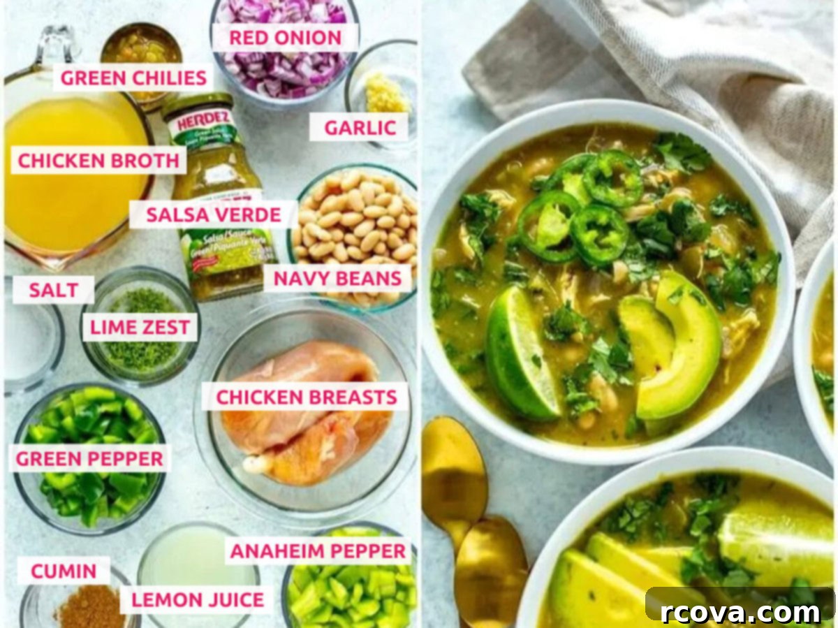 The Easiest Green Chili Ever 4 A vibrant flat lay of all the fresh ingredients for green chili: chicken breasts, chicken broth, red onion, green chiles, garlic, salsa verde, lime zest, salt, navy beans, green pepper, anaheim pepper, lemon juice and cumin.