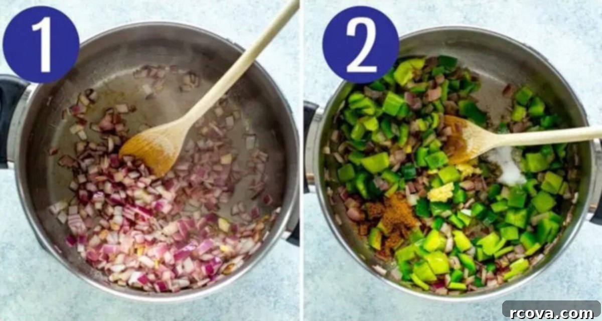 The Easiest Green Chili Ever 5 Visual steps 1 and 2 for making green chili: Sauteing diced red onions in a pot and then adding green bell peppers and anaheim peppers to cook.