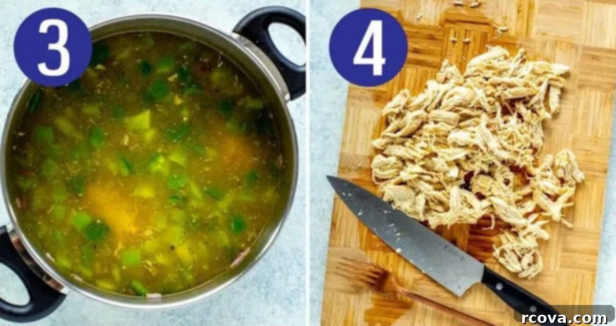 The Easiest Green Chili Ever 6 Visual steps 3 and 4 for making green chili: All ingredients simmering in a pot, and then shredded cooked chicken being added back into the chili.