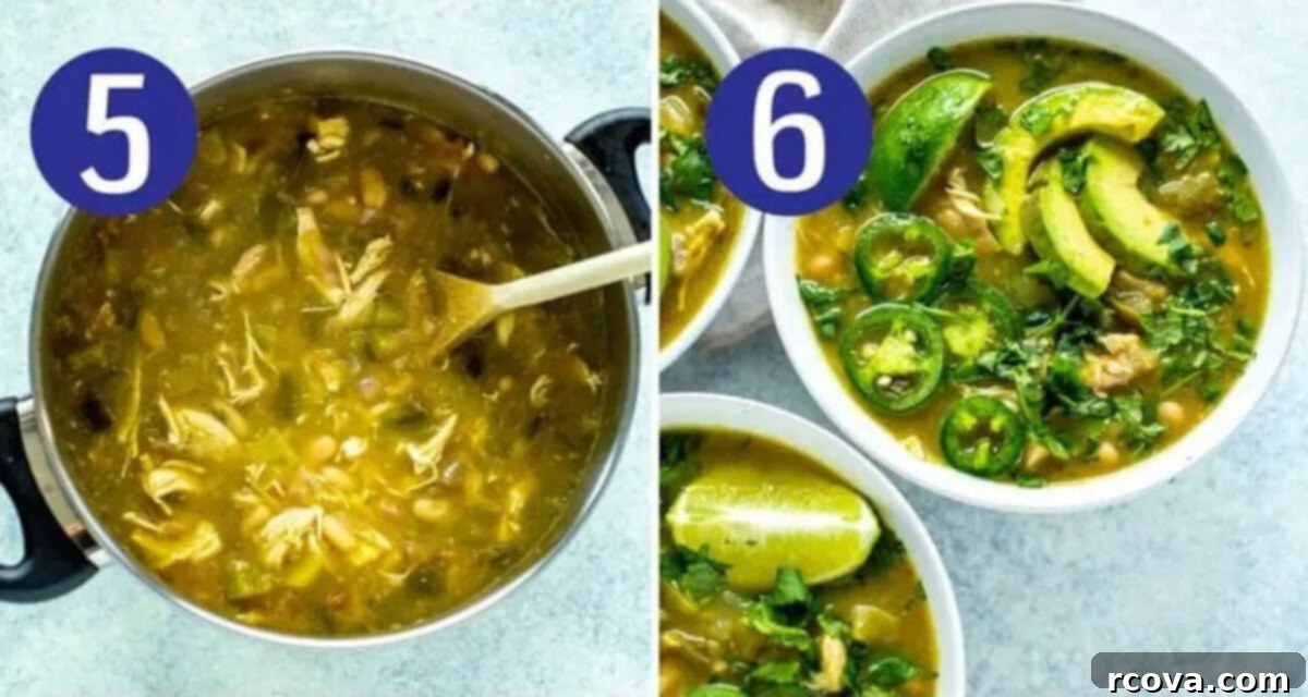 The Easiest Green Chili Ever 7 Visual steps 5 and 6 for making green chili: Shredded chicken stirred into the chili, and a finished bowl of chili with fresh toppings.