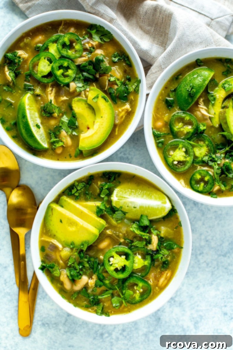 The Easiest Green Chili Ever 9 A beautifully plated bowl of the best green chili, garnished with fresh toppings, against a rustic background.