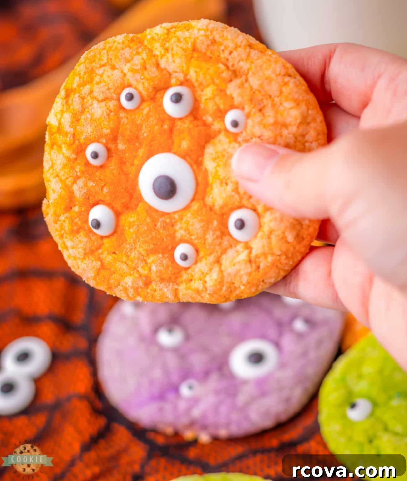Monstrous Jello Gems 6 orange Jello cookie with candy eyeballs for Halloween