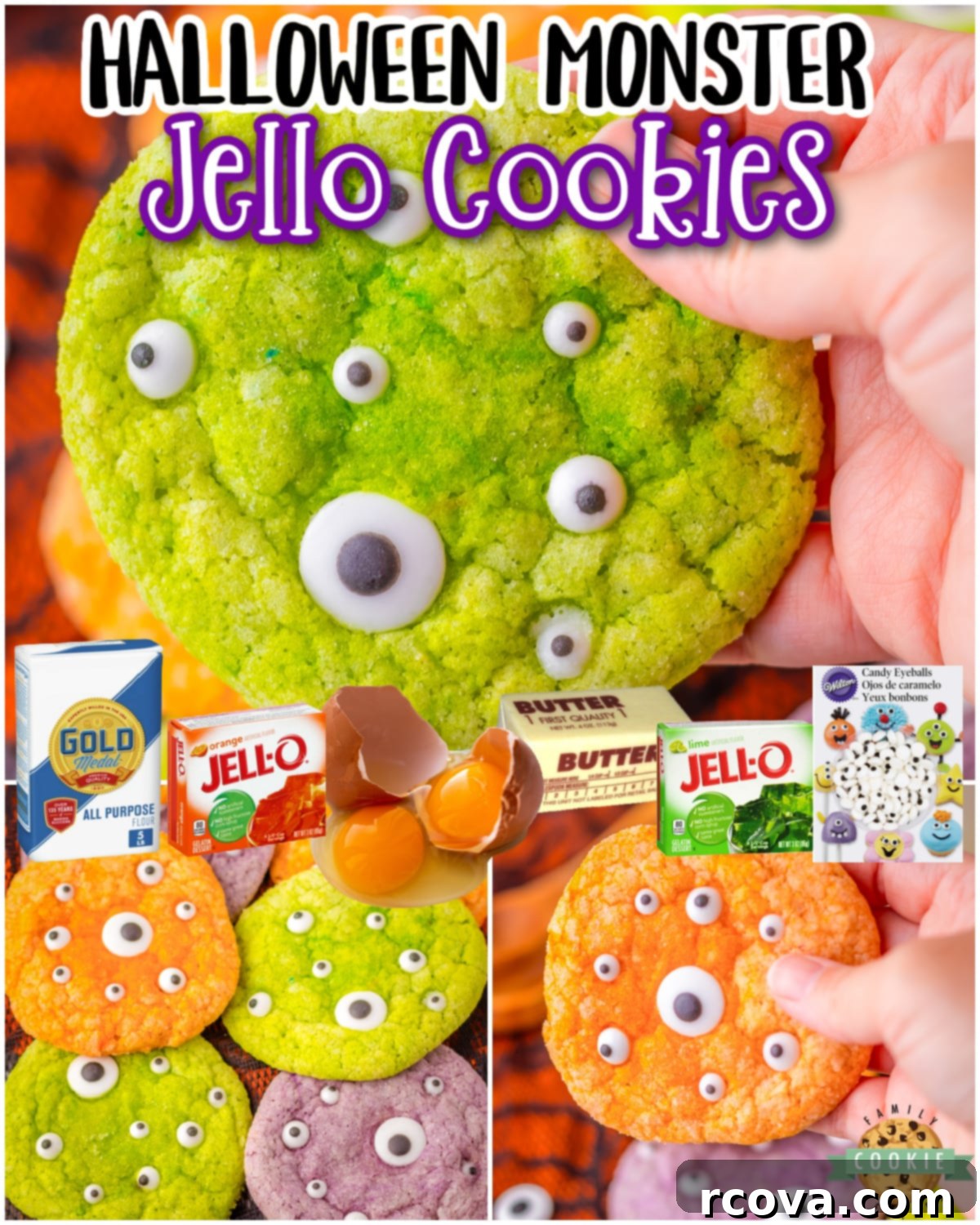 Monstrous Jello Gems 7 Colorful Monster Jello Cookies are a fun, festive Halloween treat. Chewy butter cookies with great Jello flavor are rolled in sugar and topped with candy eyes!