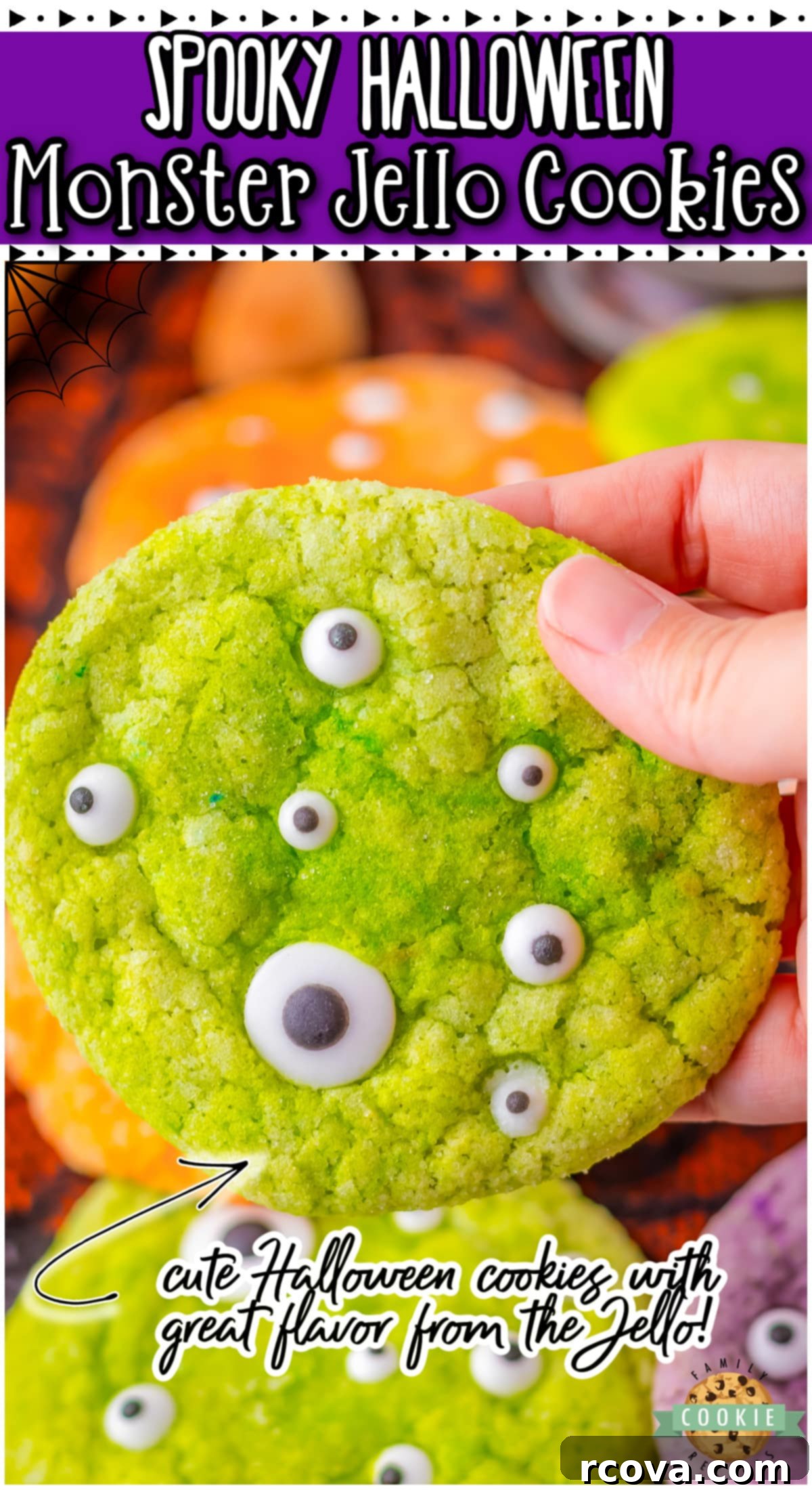 Monstrous Jello Gems 8 Colorful Monster Jello Cookies are a fun, festive Halloween treat. Chewy butter cookies with great Jello flavor are rolled in sugar and topped with candy eyes!