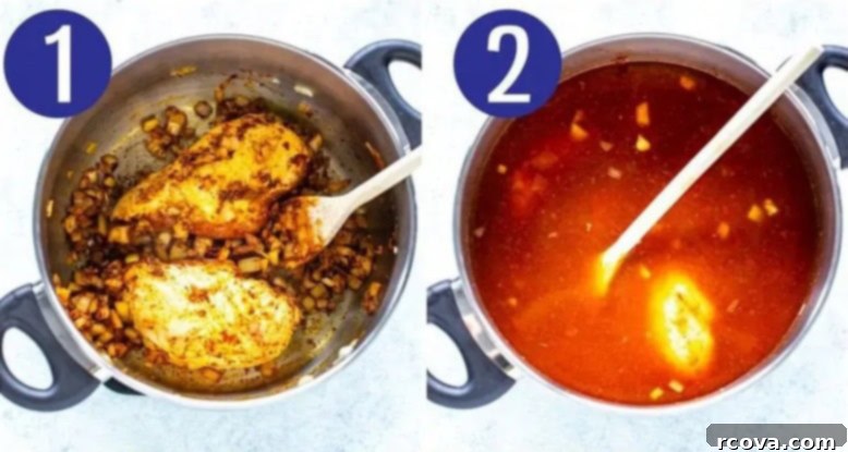 Chili's Creamy Chicken Enchilada Soup 5 Visual steps 1 and 2 for preparing Chili's chicken enchilada soup: sautéing onion and chicken, then adding crushed tomatoes, green chilies, brown sugar, and chicken broth.