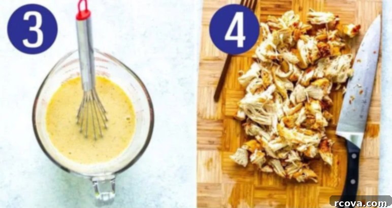 Chili's Creamy Chicken Enchilada Soup 6 Visual steps 3 and 4 for preparing Chili's chicken enchilada soup: mixing masa harina with water, then removing and shredding chicken before returning it to the pot.