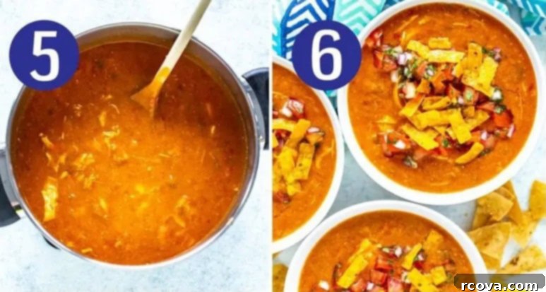 Chili's Creamy Chicken Enchilada Soup 7 Visual steps 5 and 6 for preparing Chili's chicken enchilada soup: stirring in masa harina mixture and cheese, then serving with desired toppings.