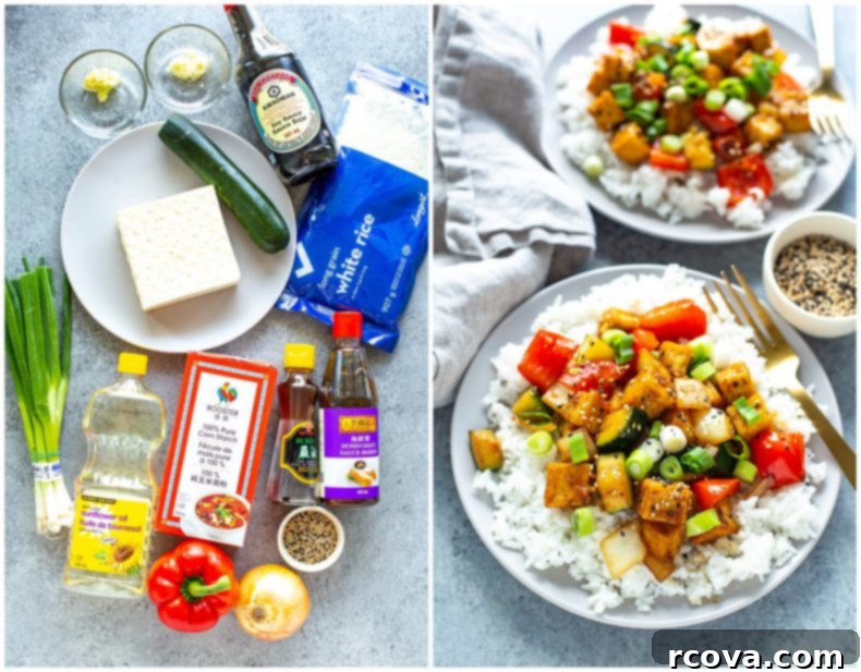 Ginger Sesame Glazed Tofu Stir Fry 3 Crispy Tofu Stir Fry with Ginger Sesame Sauce served over fluffy rice