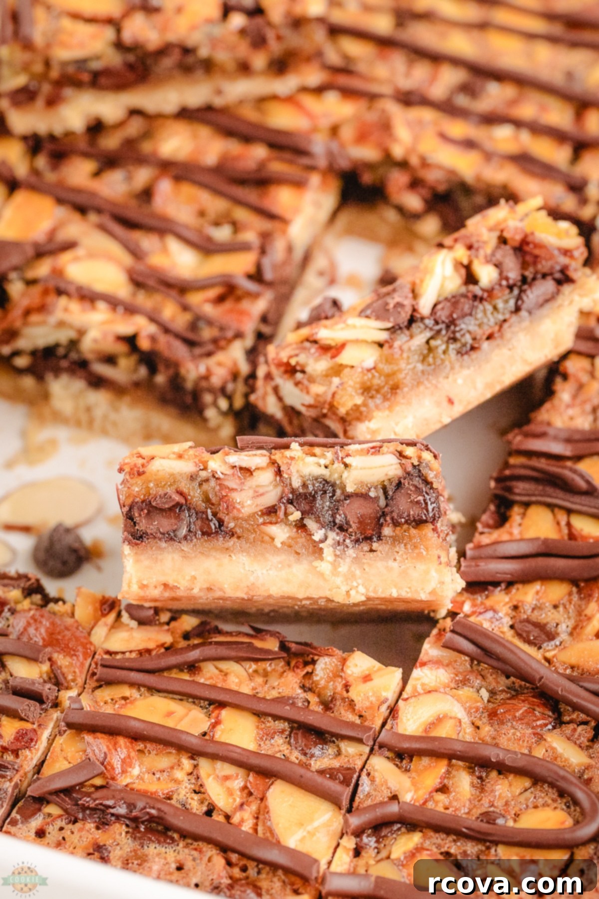 Decadent Chocolate Almond Bars 3 A full tray of freshly baked chocolate almond bars, ready to be cut