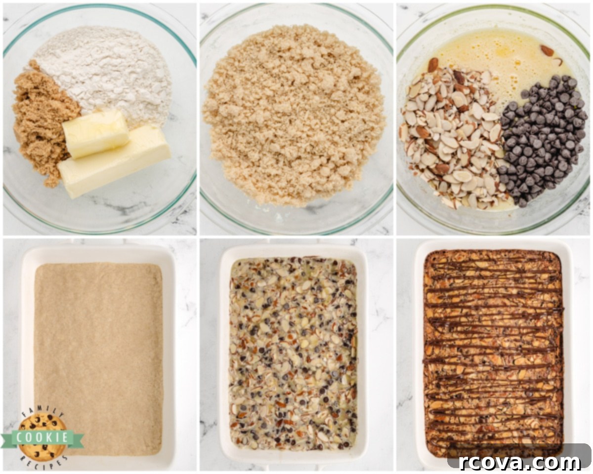 Decadent Chocolate Almond Bars 4 Ingredients and process steps for making chocolate almond bars laid out on a kitchen counter