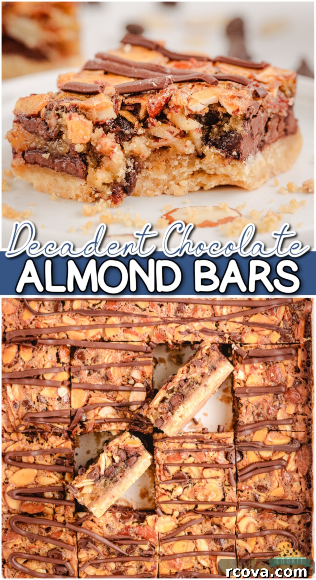 Decadent Chocolate Almond Bars 8 Delightful Chocolate Almond Bars made with a buttery shortbread crust topped with gooey chocolate fudge filling & sliced almonds for a decadent treat!