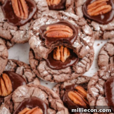 Fudgy Chocolate Pecan Crinkle Cookies 4 tray of chocolate crinkle cookies topped with fudge and a pecan half