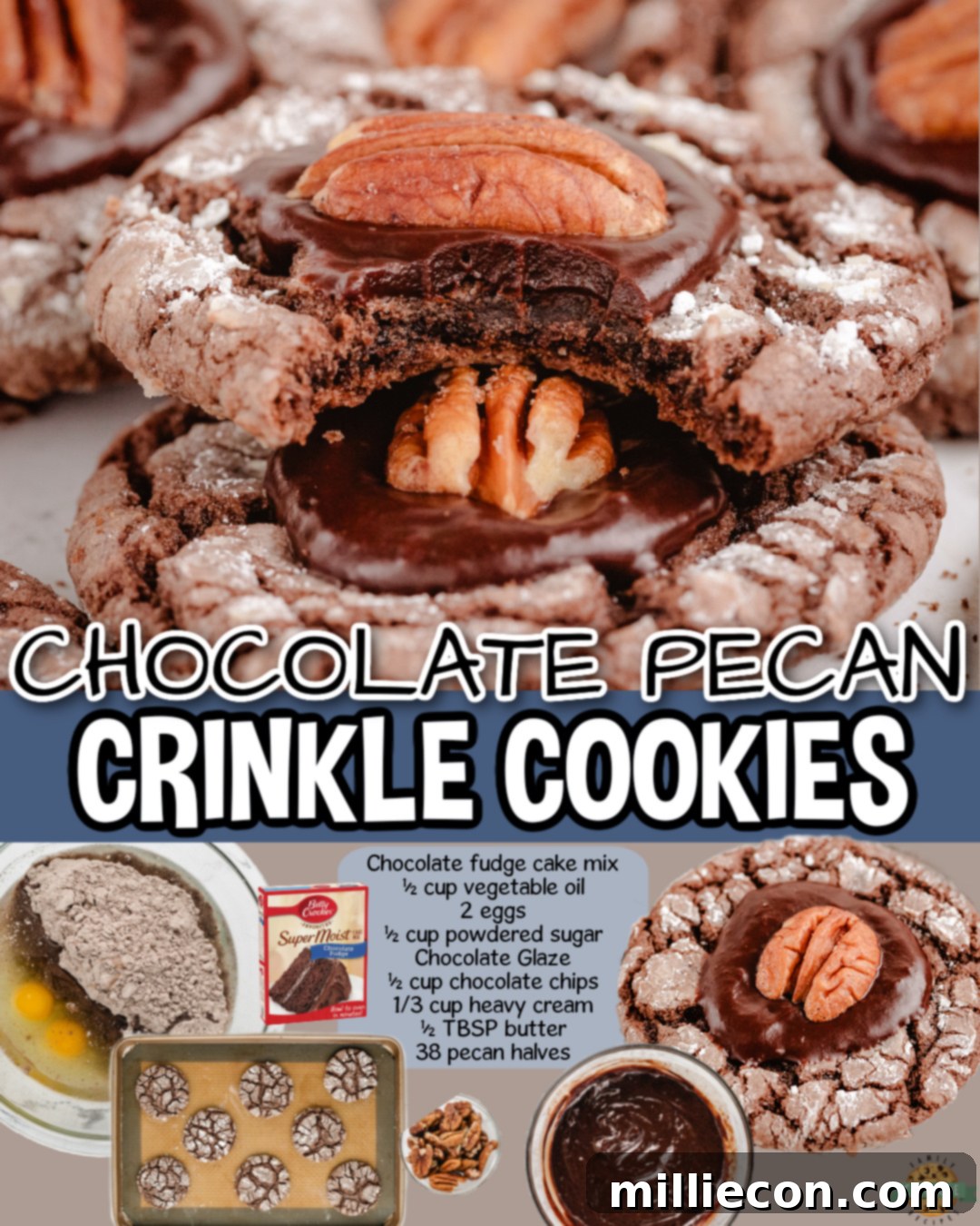 Fudgy Chocolate Pecan Crinkle Cookies 5 Chocolate Pecan Crinkle Cookies made easy with a cake mix, baked & topped with a luscious chocolate glaze & a pecan. A wonderful blend of fudgy texture and nutty crunch, perfect for the holiday season!