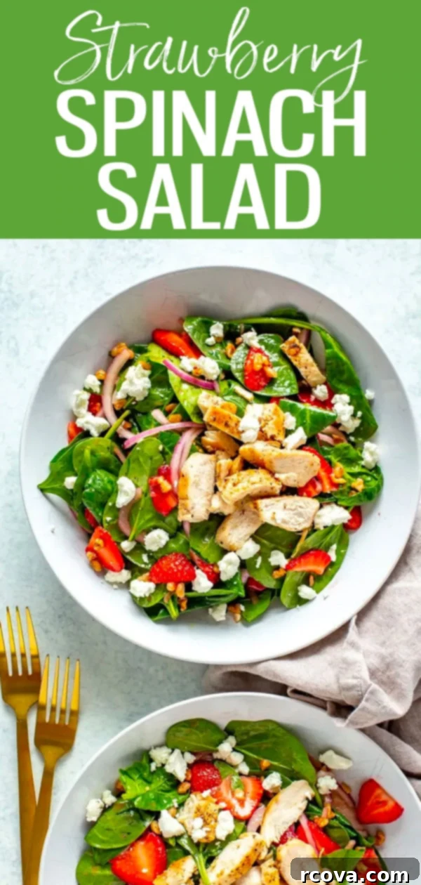 Vibrant Strawberry Spinach Chicken Salad 12 This Strawberry Spinach Salad With Chicken is a super easy protein-packed meal complete with fresh strawberries and a 4-ingredient dressing. #strawberry #spinachsalad