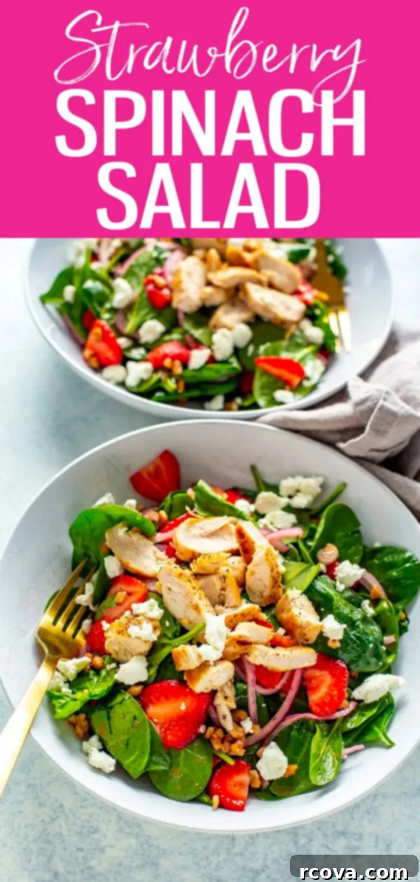 Vibrant Strawberry Spinach Chicken Salad 13 This Strawberry Spinach Salad With Chicken is a super easy protein-packed meal complete with fresh strawberries and a 4-ingredient dressing. #strawberry #spinachsalad