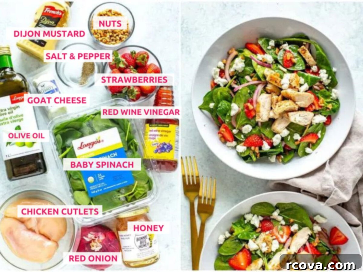 Vibrant Strawberry Spinach Chicken Salad 4 A flat lay of fresh ingredients laid out for Strawberry Spinach Salad with Chicken, including olive oil, chicken breasts, baby spinach, sliced strawberries, red onion, feta cheese, and almonds, alongside ingredients for the homemade vinaigrette like red wine vinegar, honey, and Dijon mustard.