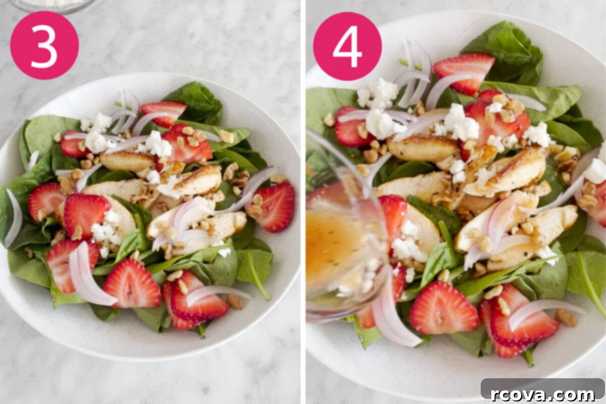 Vibrant Strawberry Spinach Chicken Salad 6 Assembled Strawberry Spinach Salad with Chicken in a large bowl before dressing, showing spinach, strawberries, red onion, nuts, and goat cheese.